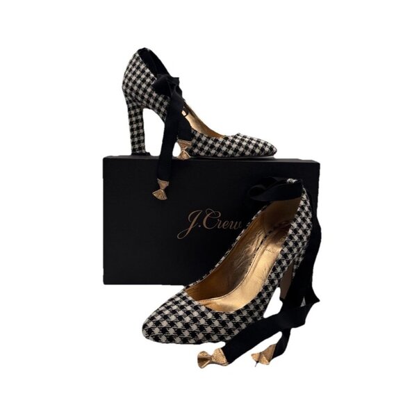 J. Crew Houndstooth Pumps Size 9 Made In Italy Ankle Wrap Bow Ribbon Heels Shoes - Picture 2 of 16